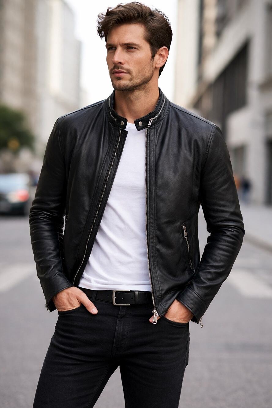 J. Lindeberg Men’s Moto Biker Leather Jacket Zip Black Medium J.Lindberg